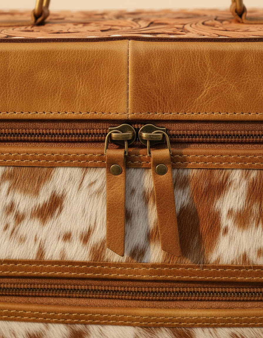 Two-tier cowhide jewellery case with hand-tooled lid, detail close-up, by Ya Qalbi