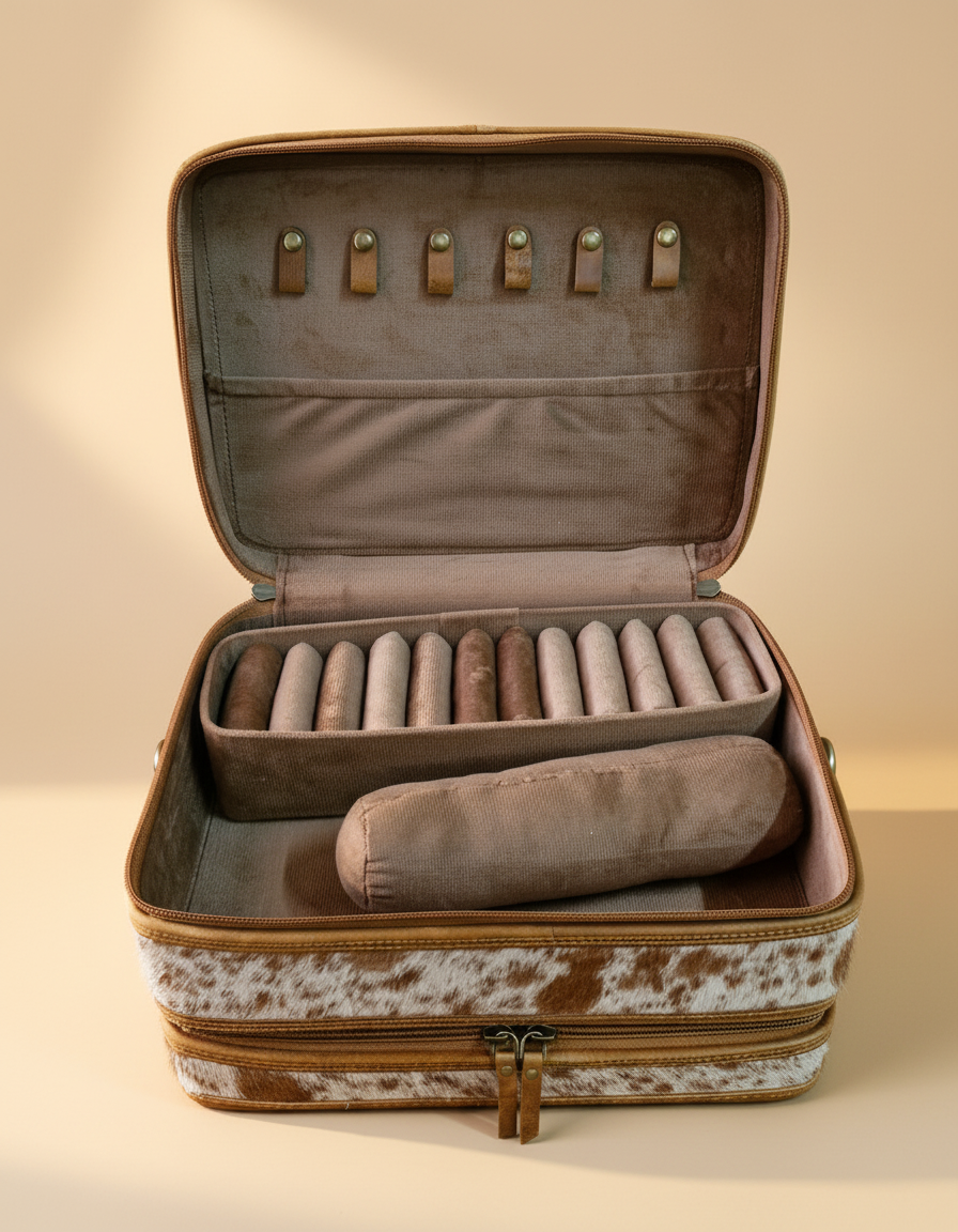 Two-tier cowhide jewellery case with hand-tooled lid, open interior view, by Ya Qalbi