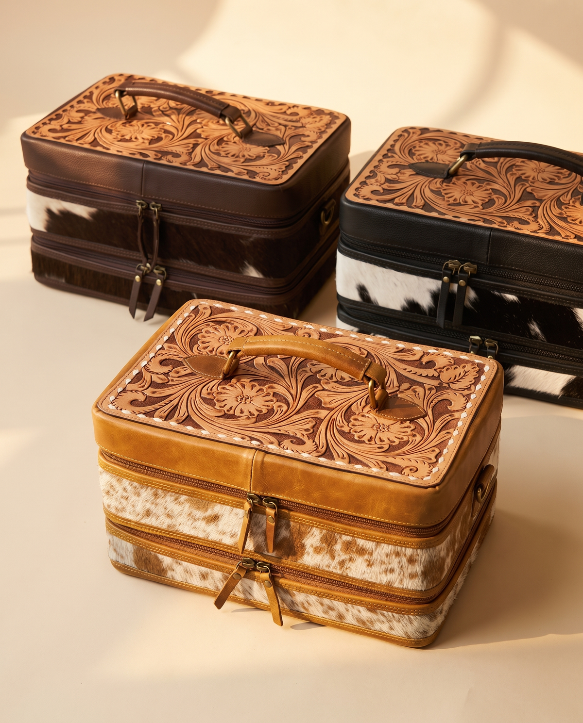 Two-tier cowhide jewellery cases in three colours, group shot, by Ya Qalbi