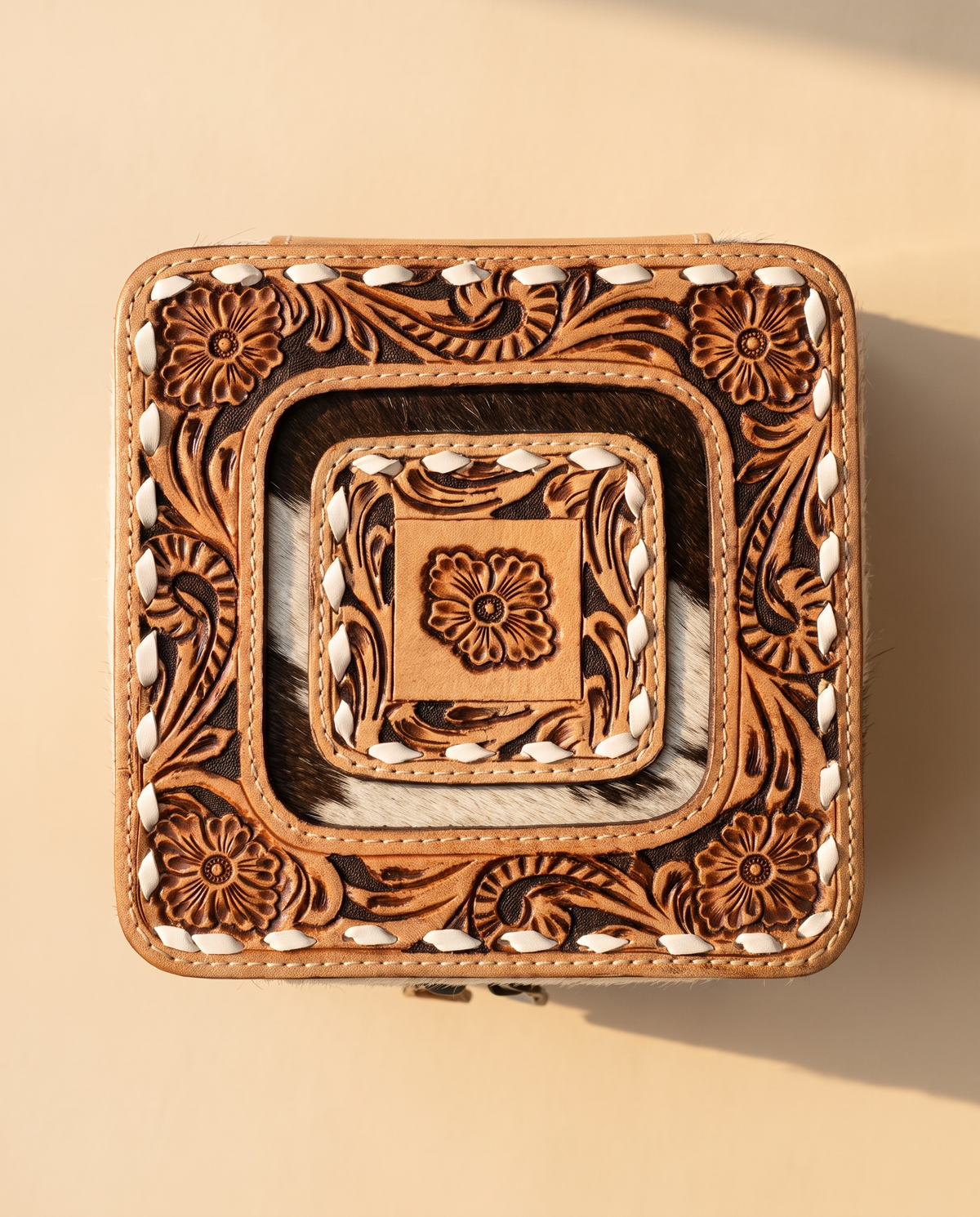 Square Frame cowhide square jewellery box with hand-tooled lid, detail close-up, by Ya Qalbi