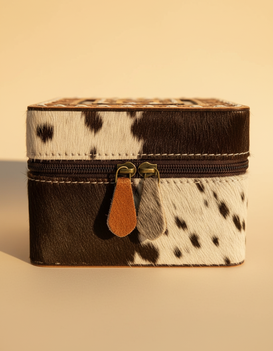 Square Frame cowhide square jewellery box with hand-tooled lid, detail close-up, by Ya Qalbi