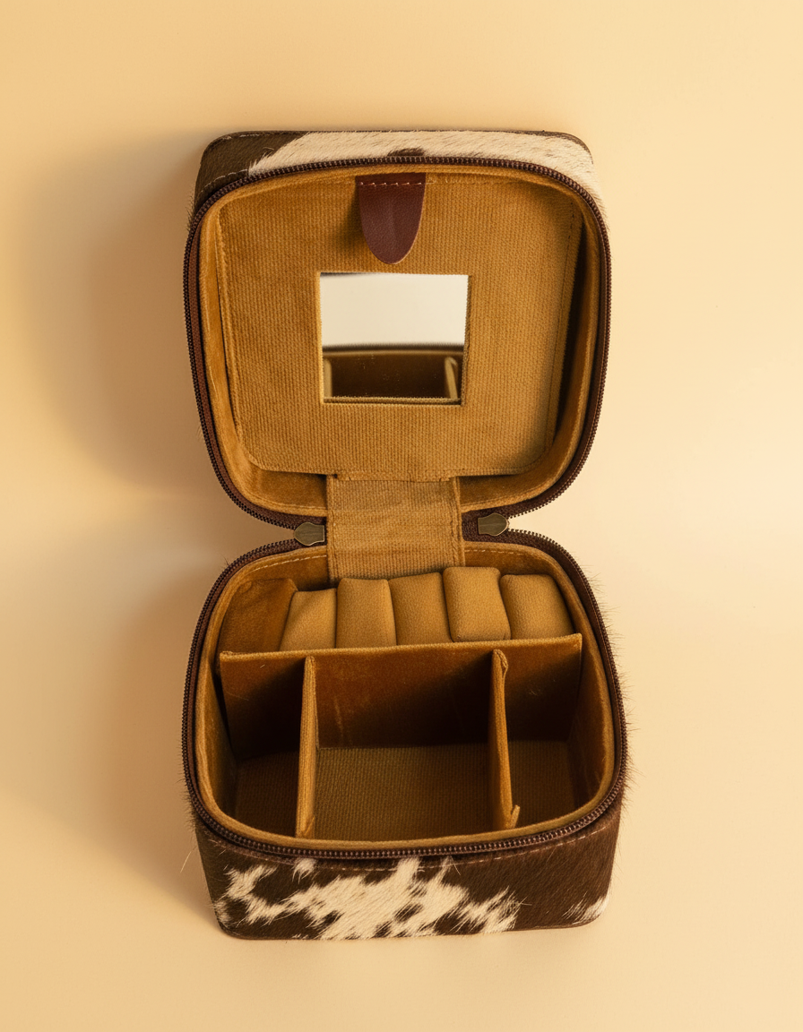 Square Frame cowhide square jewellery box with hand-tooled lid, open interior view, by Ya Qalbi