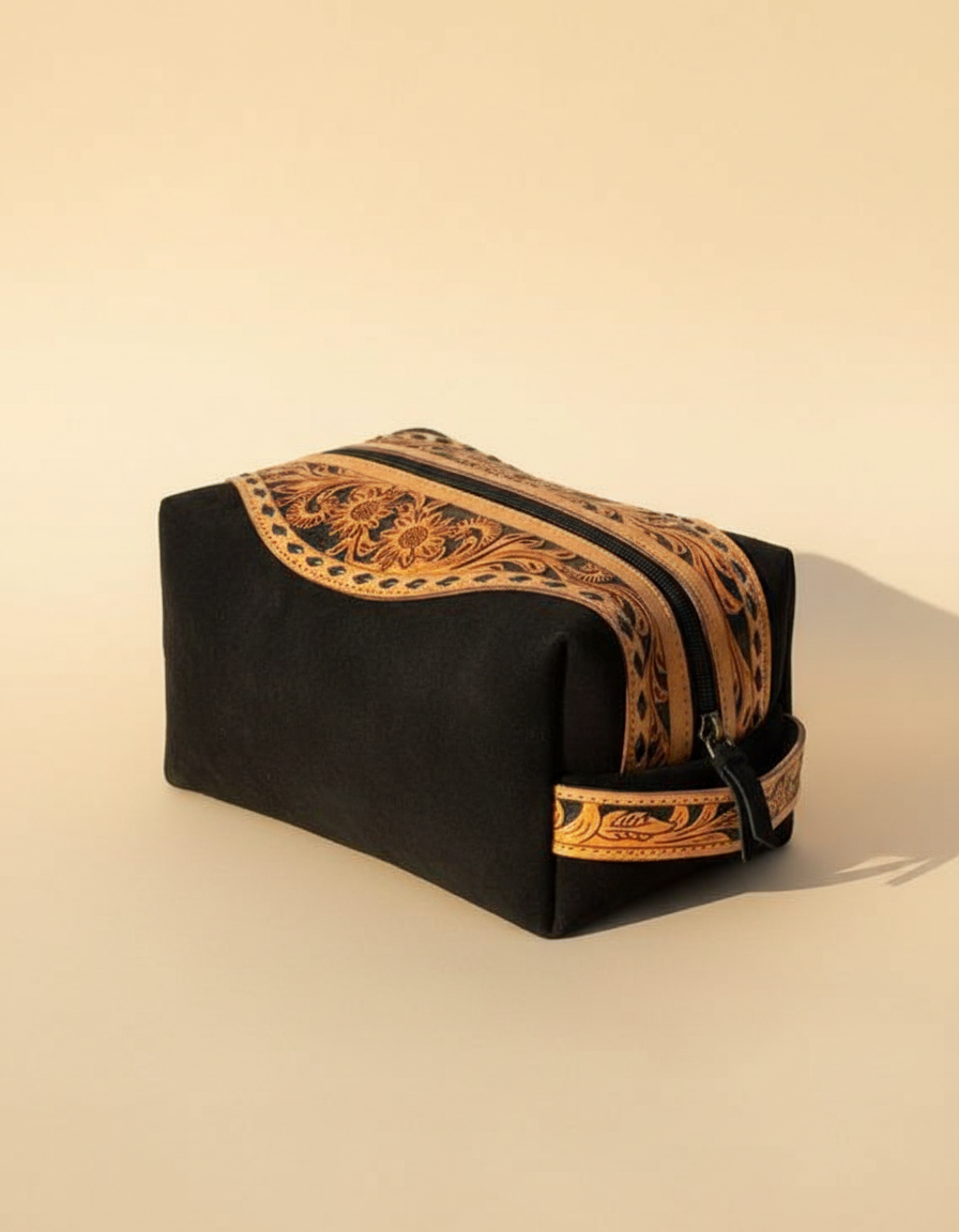 Black dopp kit with tooled band, angled