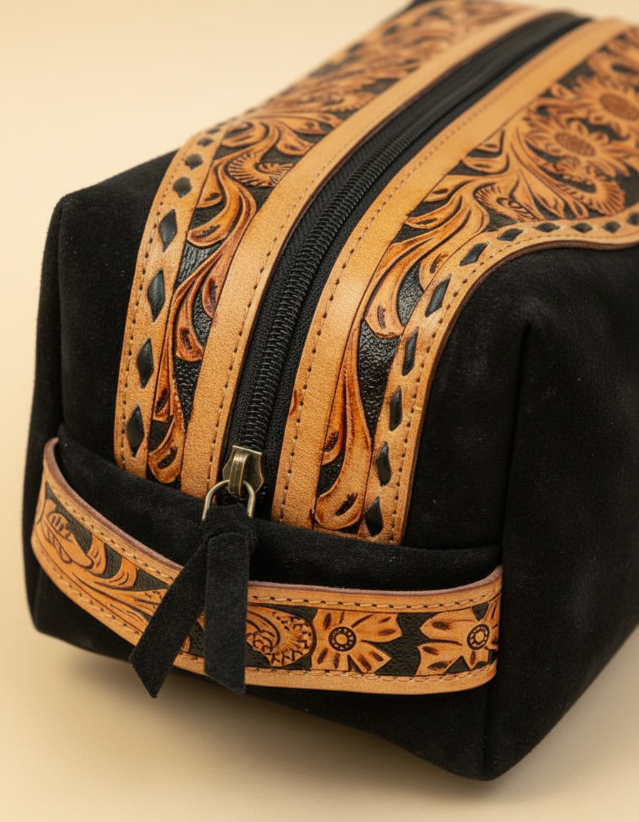 Tooled leather band close-up on dopp kit