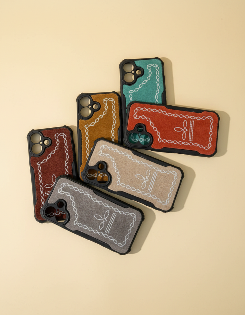 Tooled leather phone cases in assorted colours