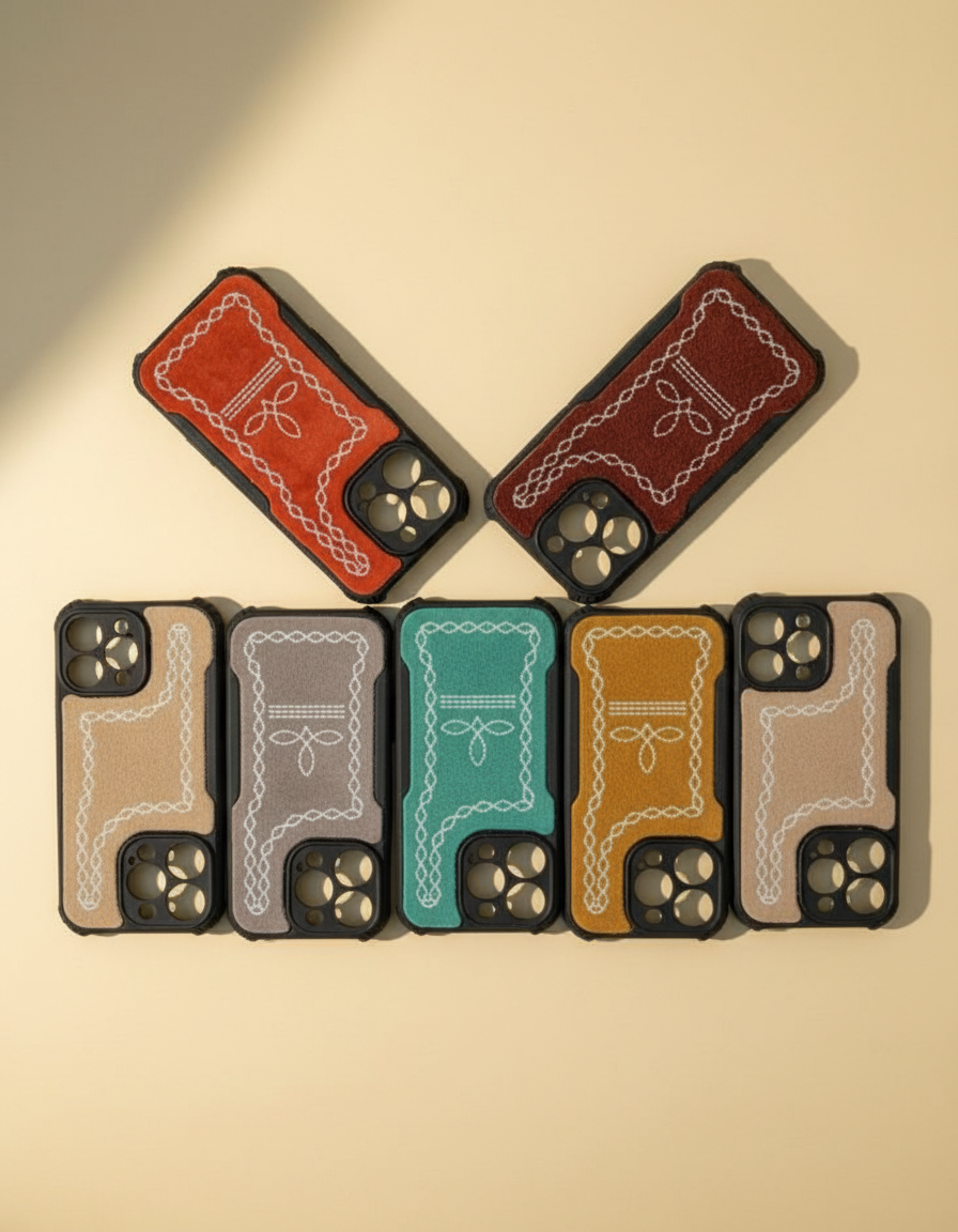 Tooled leather phone cases flat lay