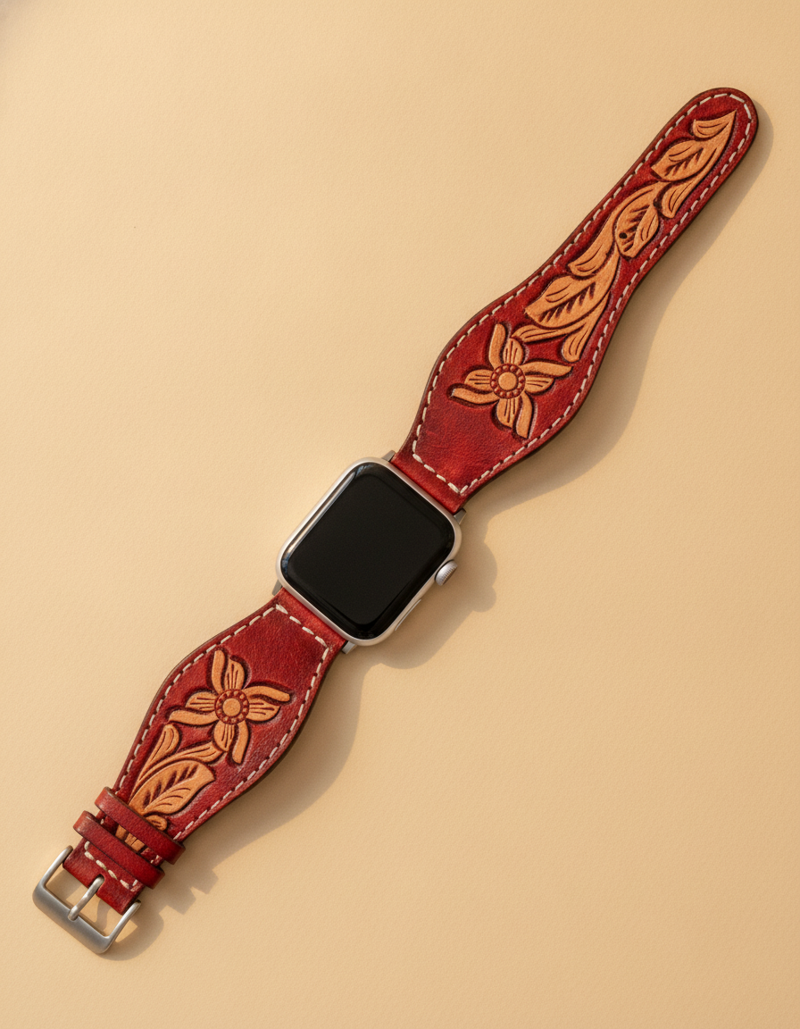 Red floral tooled leather Apple Watch strap