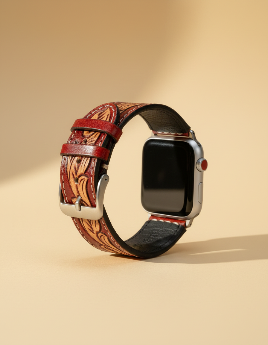 Red tooled watch strap on watch