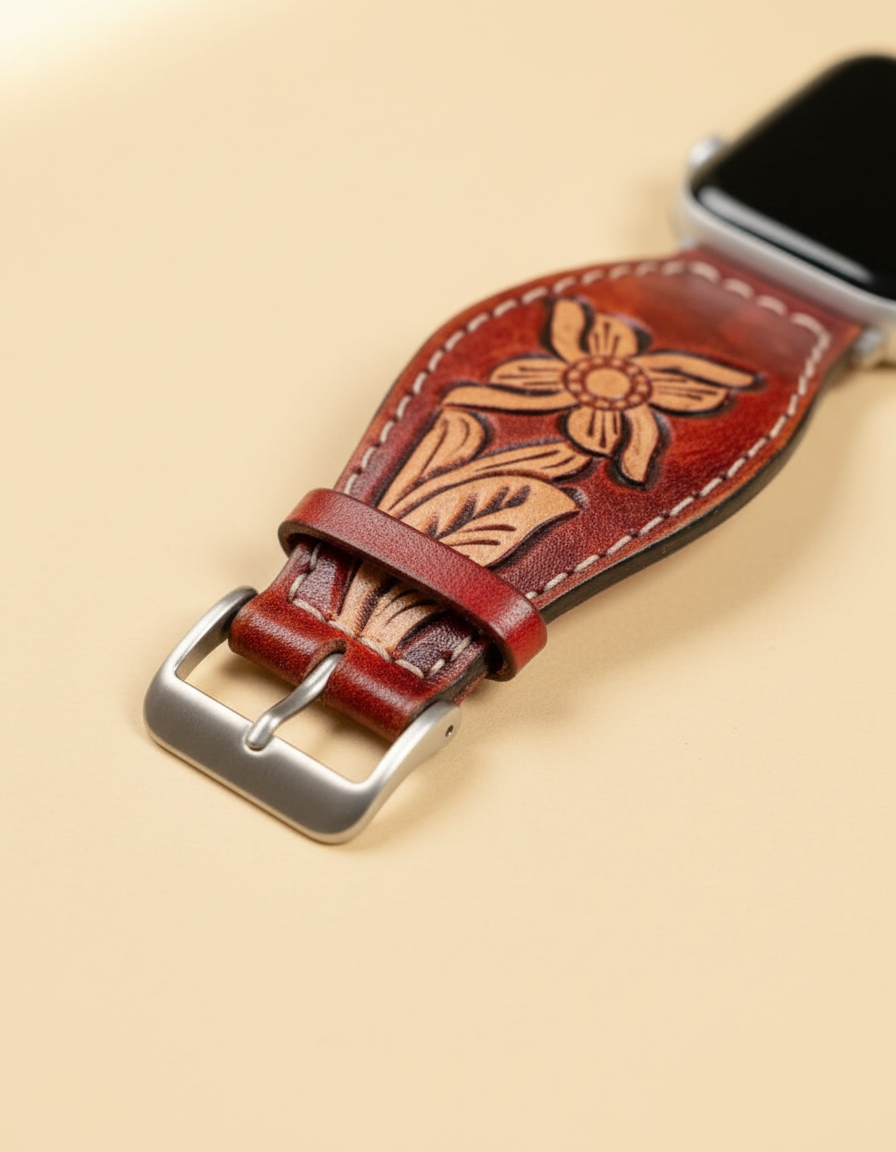 Red tooled watch strap buckle detail