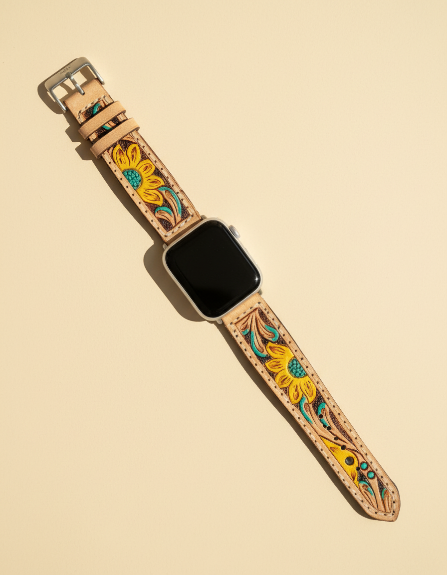 Sunflower tooled leather Apple Watch strap
