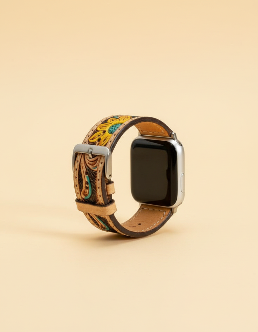 Sunflower tooled watch strap on watch
