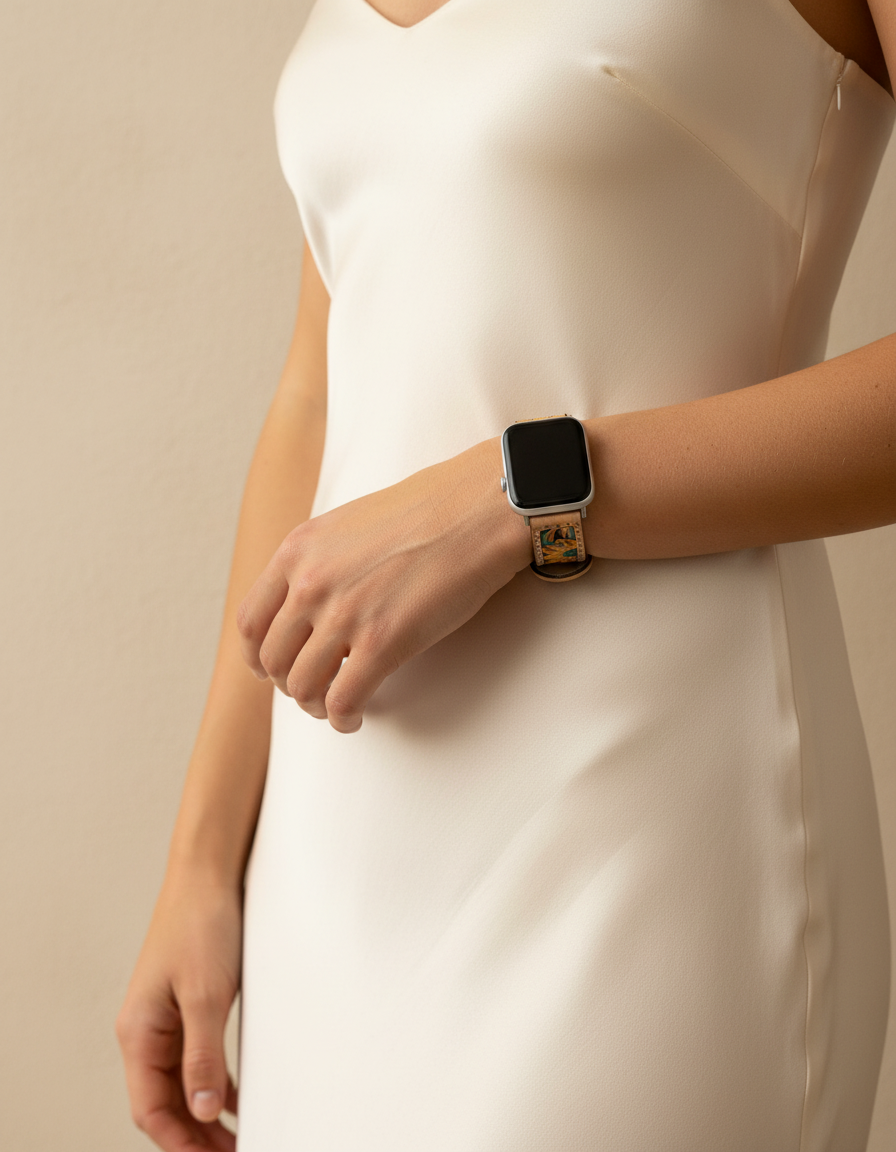 Sunflower tooled watch strap on wrist