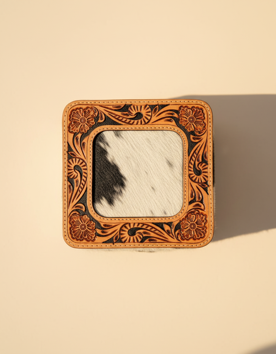 Cowhide jewellery case with tooled frame lid, detail close-up, by Ya Qalbi