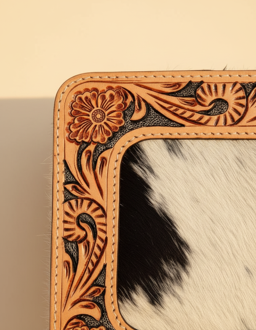 Cowhide jewellery case with tooled frame lid, detail close-up, by Ya Qalbi