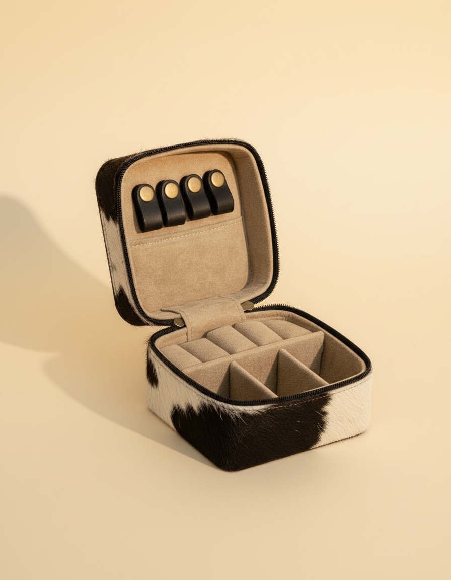 Cowhide jewellery case with tooled frame lid, open interior view, by Ya Qalbi