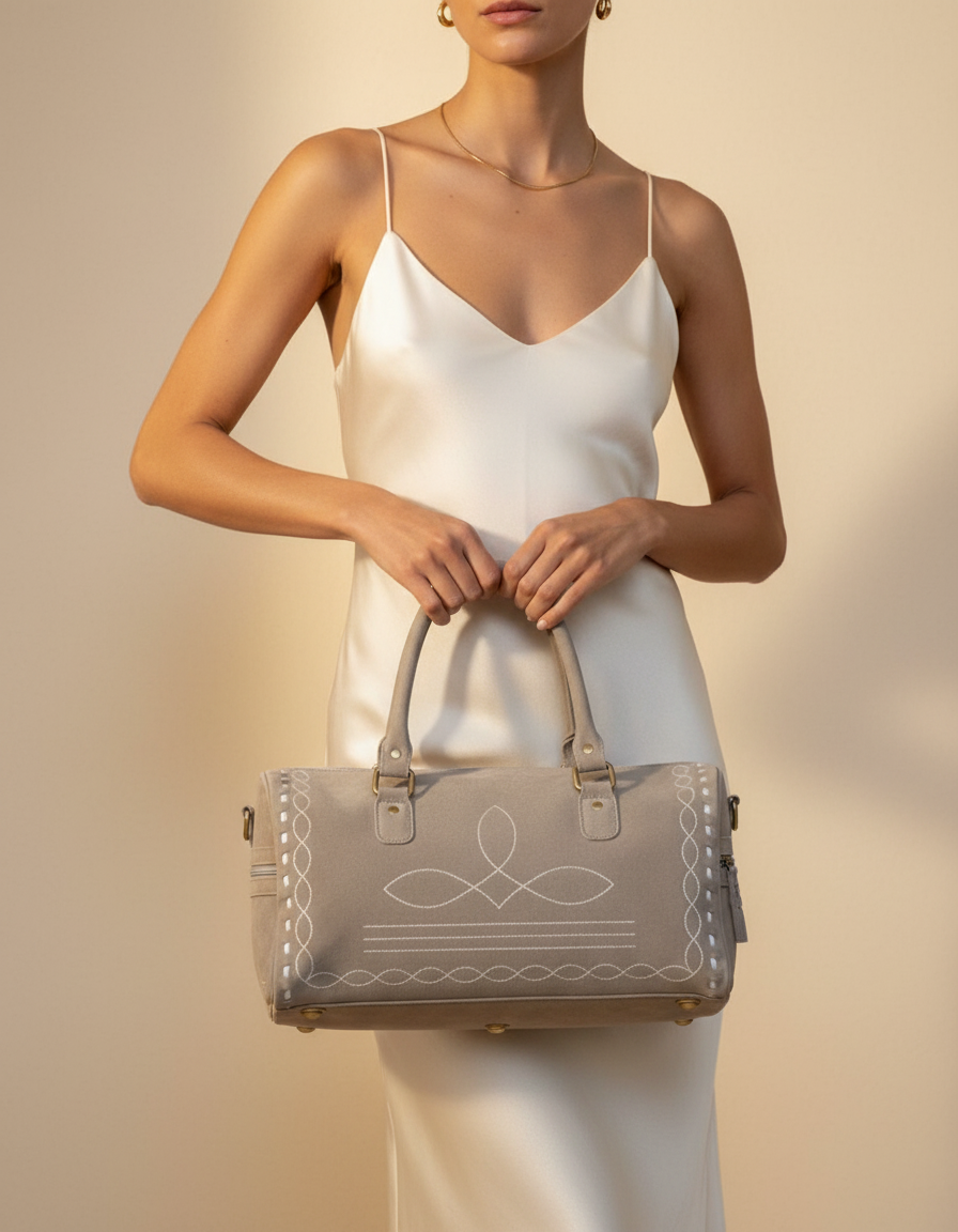 Brown Suede Bootstitch Barrel Bag – White Buckstitch Trim