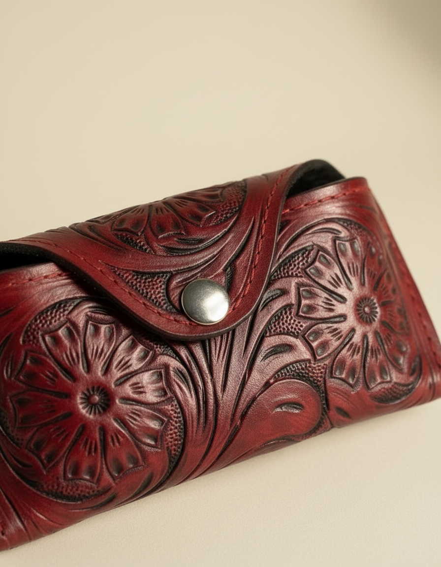 Red Floral Tooled Sunglasses Case