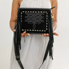 Black Leather Bootstitch Crossbody – Long Fringe and Diamond Border