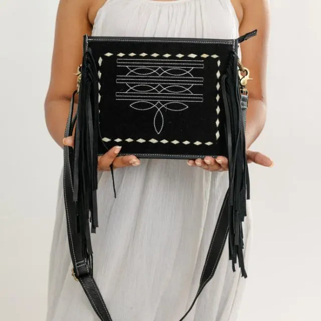 Black Leather Bootstitch Crossbody – Long Fringe and Diamond Border