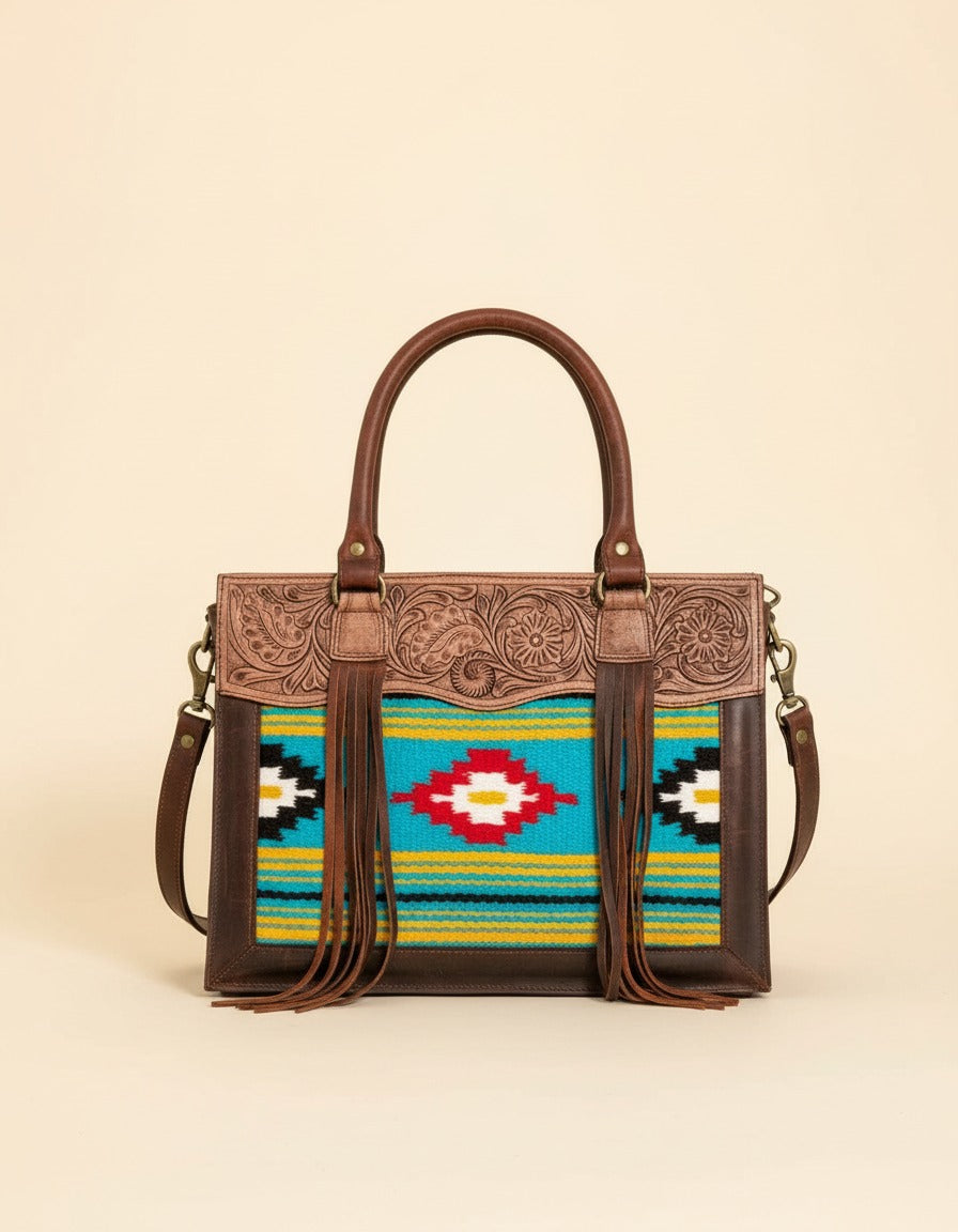 Turquoise diamond serape fringe tote with tooled leather top, front view, by Ya Qalbi