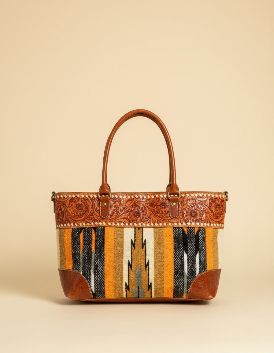 Mustard serape woven zip tote with tooled leather band, front view, by Ya Qalbi