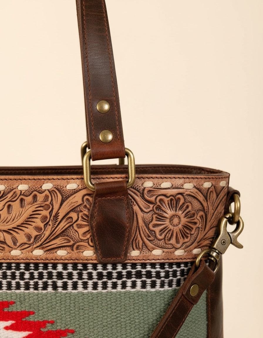 Sage serape woven zip tote with tooled leather band, handle and tooled band close-up, by Ya Qalbi