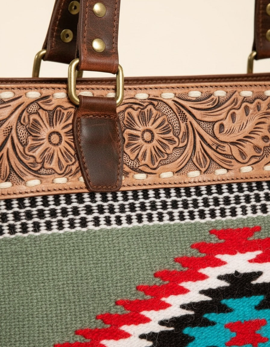 Sage serape woven zip tote with tooled leather band, tooled band and woven panel close-up, by Ya Qalbi