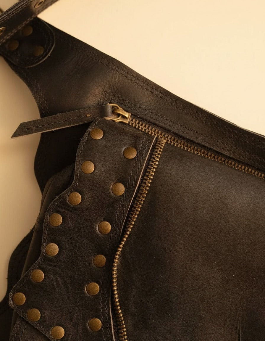 Black studded leather hip belt bag, detail close-up, by Ya Qalbi