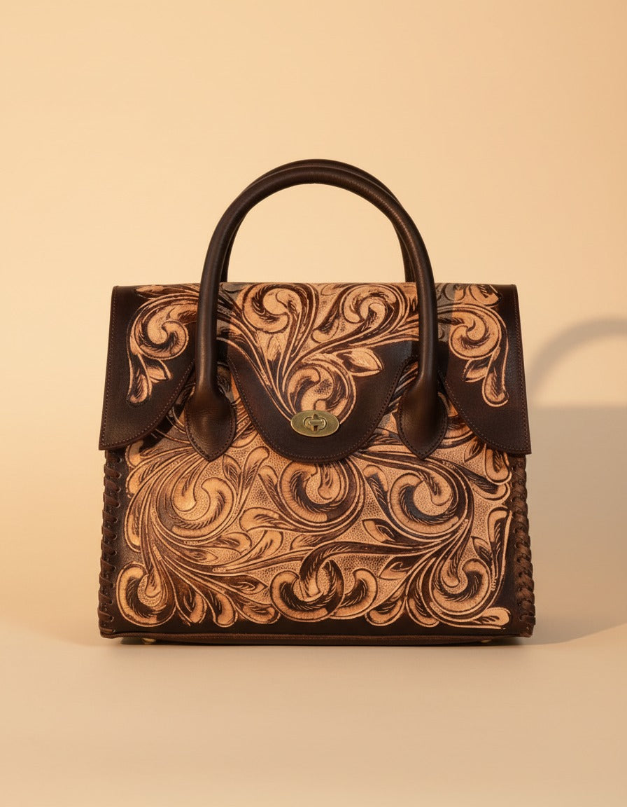Dark brown hand-tooled leather top-handle handbag, front view, by Ya Qalbi