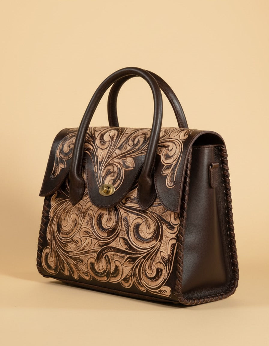 Dark brown hand-tooled leather top-handle handbag, angled view, by Ya Qalbi