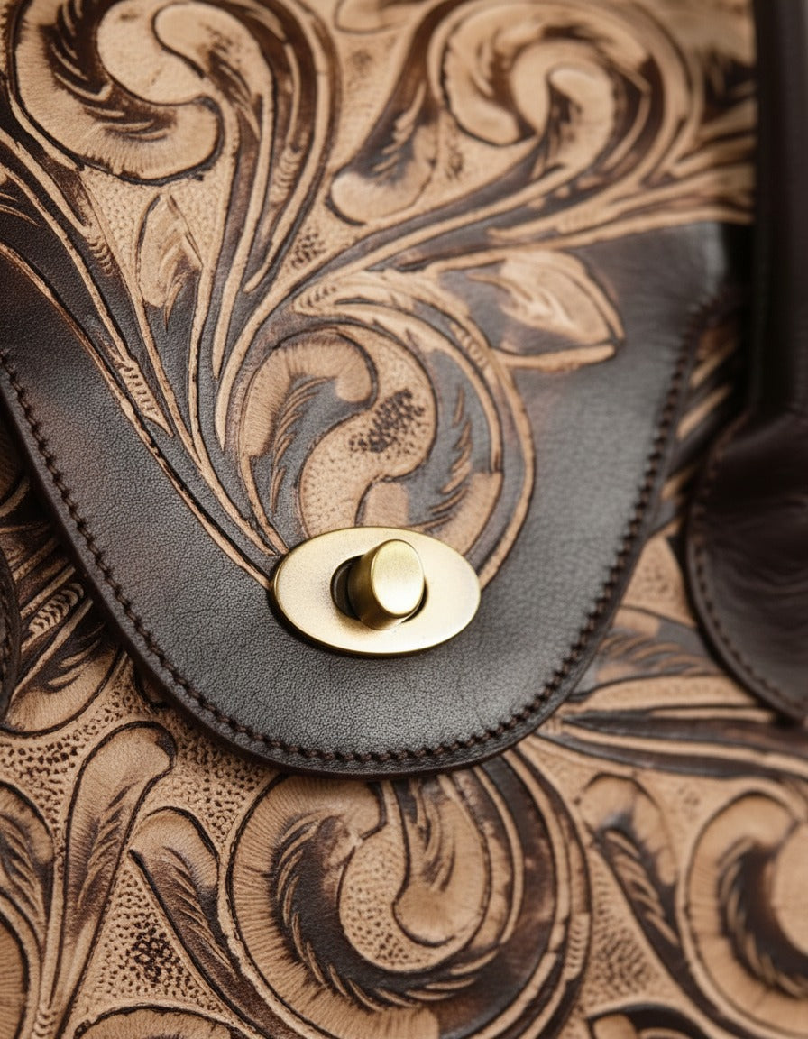 Dark brown hand-tooled leather top-handle handbag, detail close-up, by Ya Qalbi