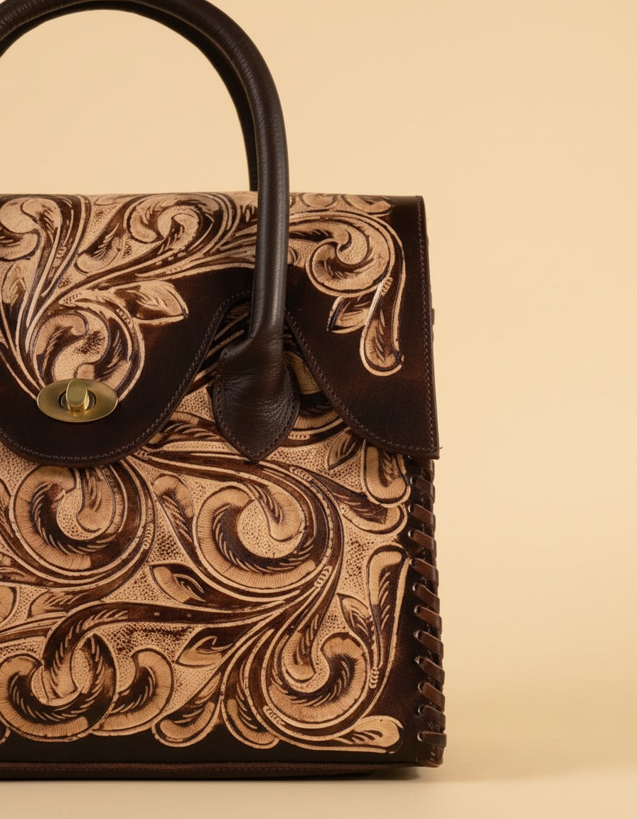 Dark brown hand-tooled leather top-handle handbag, detail close-up, by Ya Qalbi