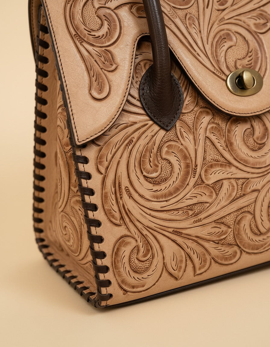Tan hand-tooled leather top-handle handbag, detail close-up, by Ya Qalbi