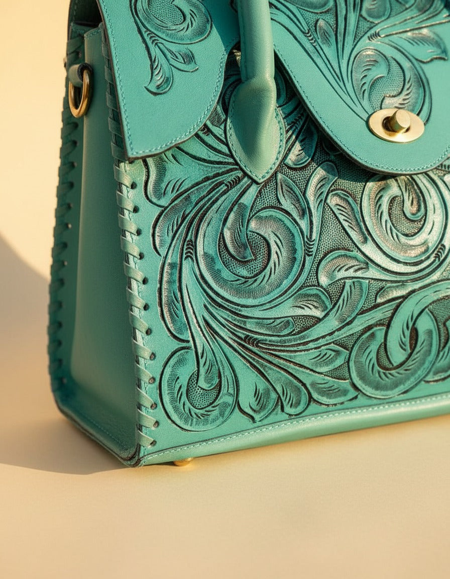 Turquoise hand-tooled leather top-handle handbag, detail close-up, by Ya Qalbi