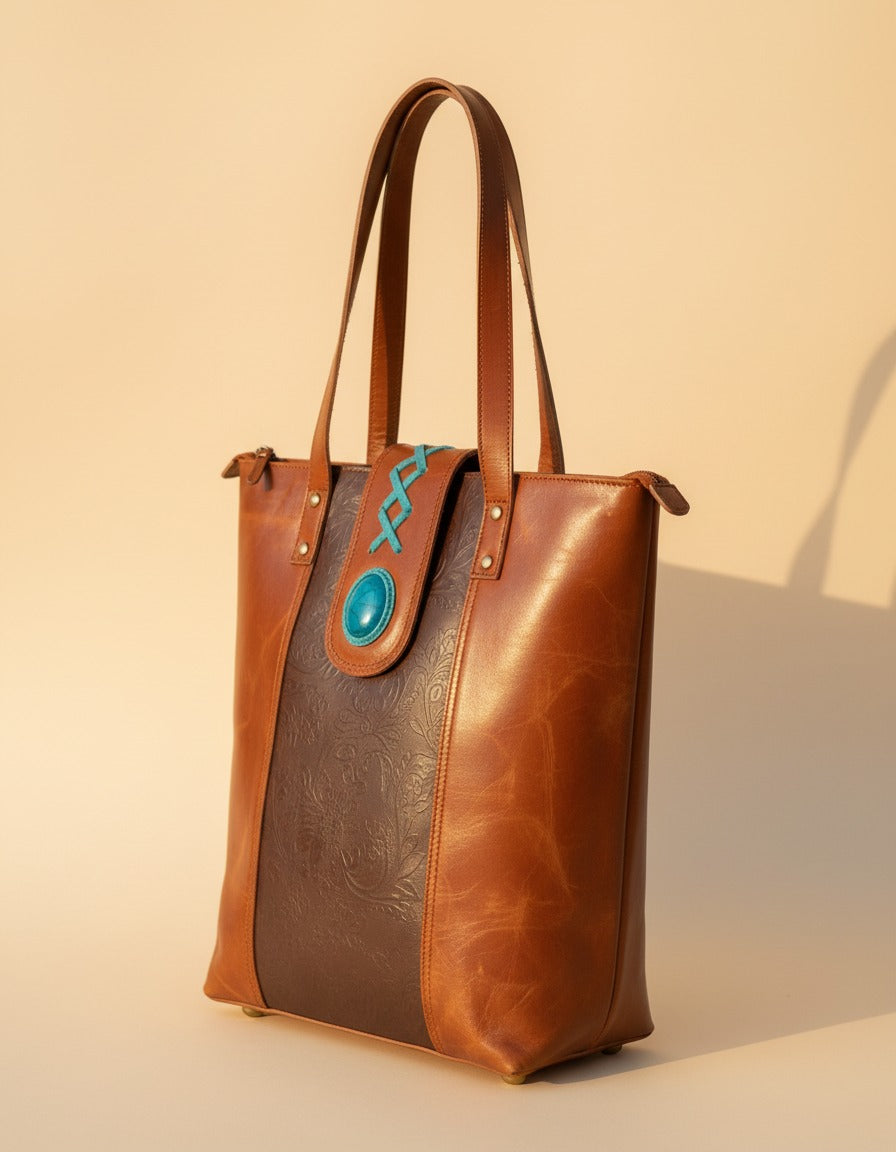 Brown tooled panel crunch leather tote with turquoise stone, angled view, by Ya Qalbi