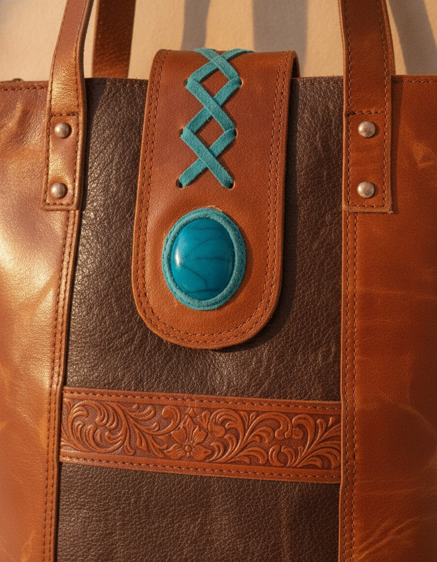 Brown tooled panel crunch leather tote with turquoise stone, turquoise stone tab and lacing close-up, by Ya Qalbi