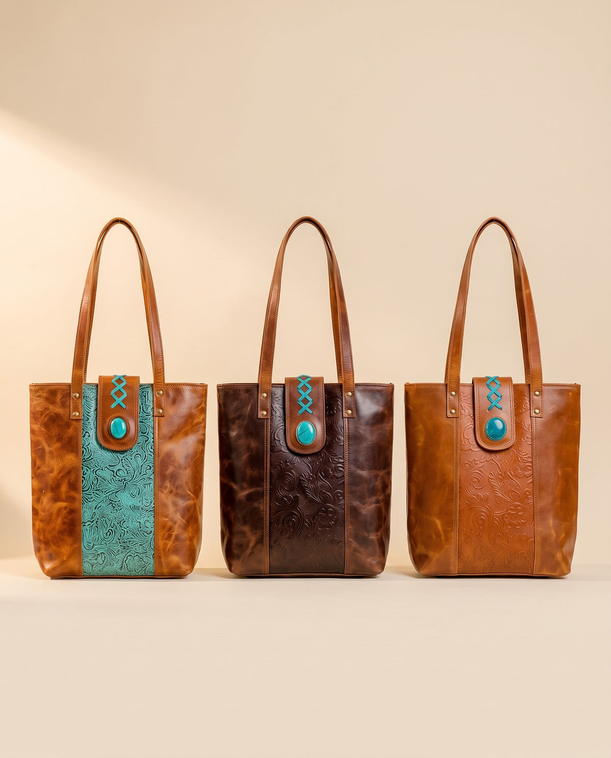 Turquoise stone crunch leather totes in three colourways by Ya Qalbi