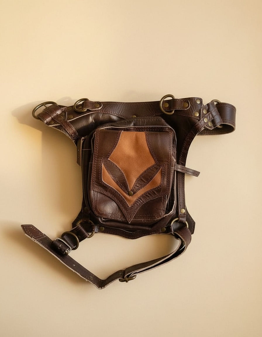Brown two-tone leather leg bag, front view, by Ya Qalbi