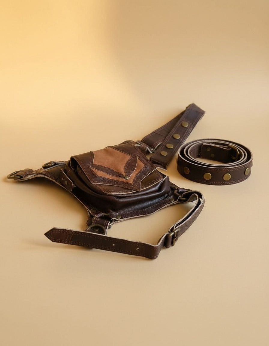 Brown two-tone leather leg bag, angled view, by Ya Qalbi