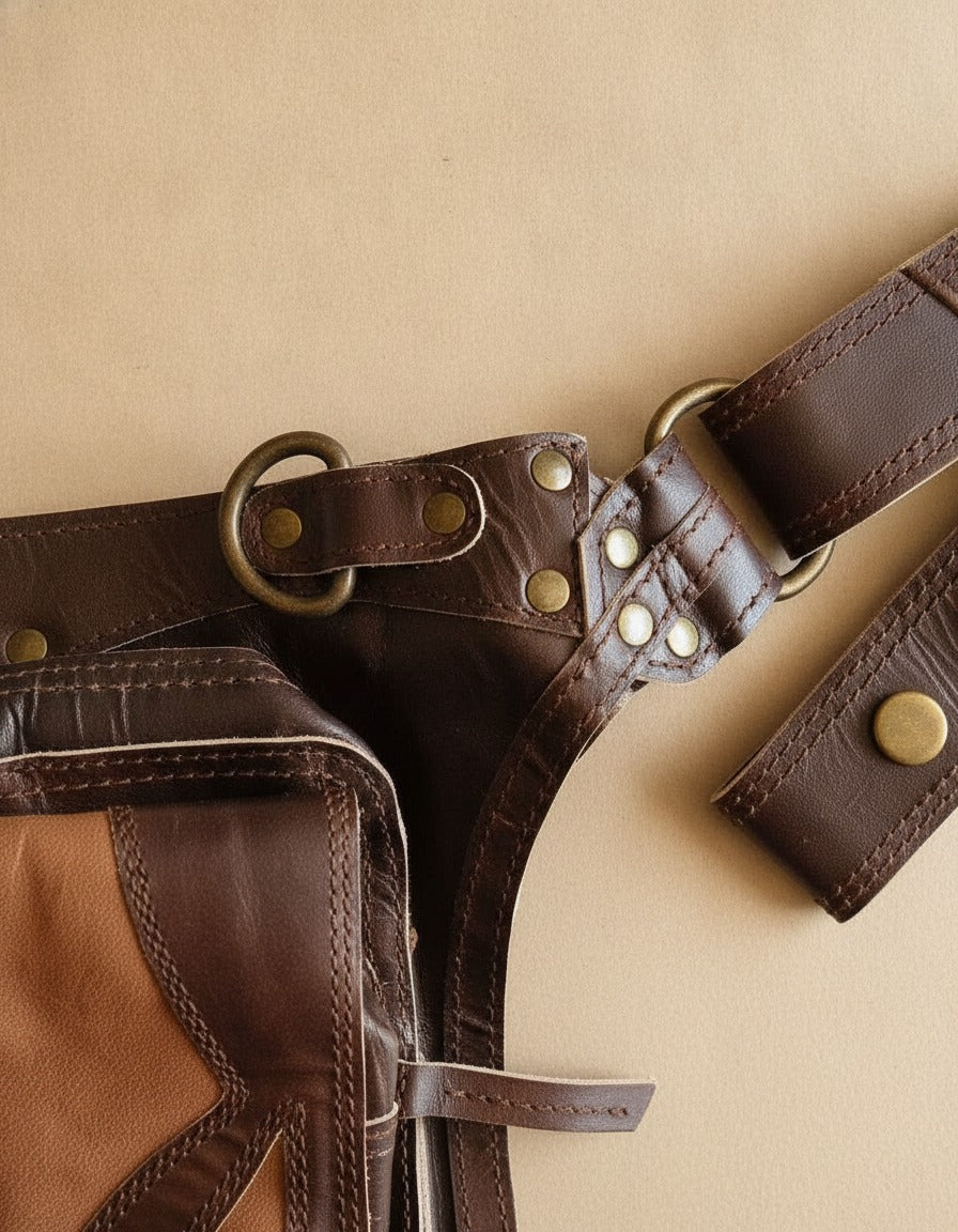 Brown two-tone leather leg bag, detail close-up, by Ya Qalbi