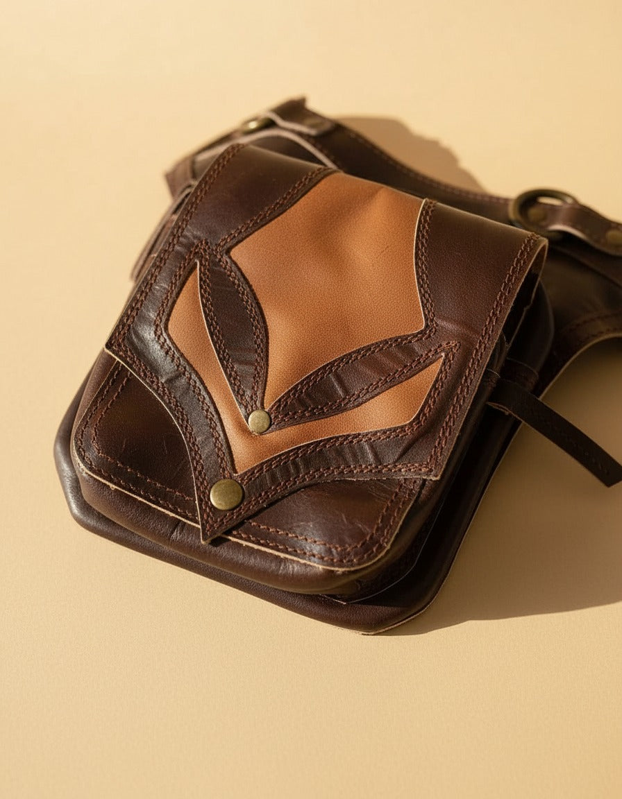 Brown two-tone leather leg bag, detail close-up, by Ya Qalbi