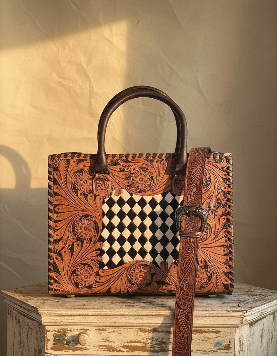 Black and white woven checker hand-tooled leather tote, front view with tooled strap, by Ya Qalbi