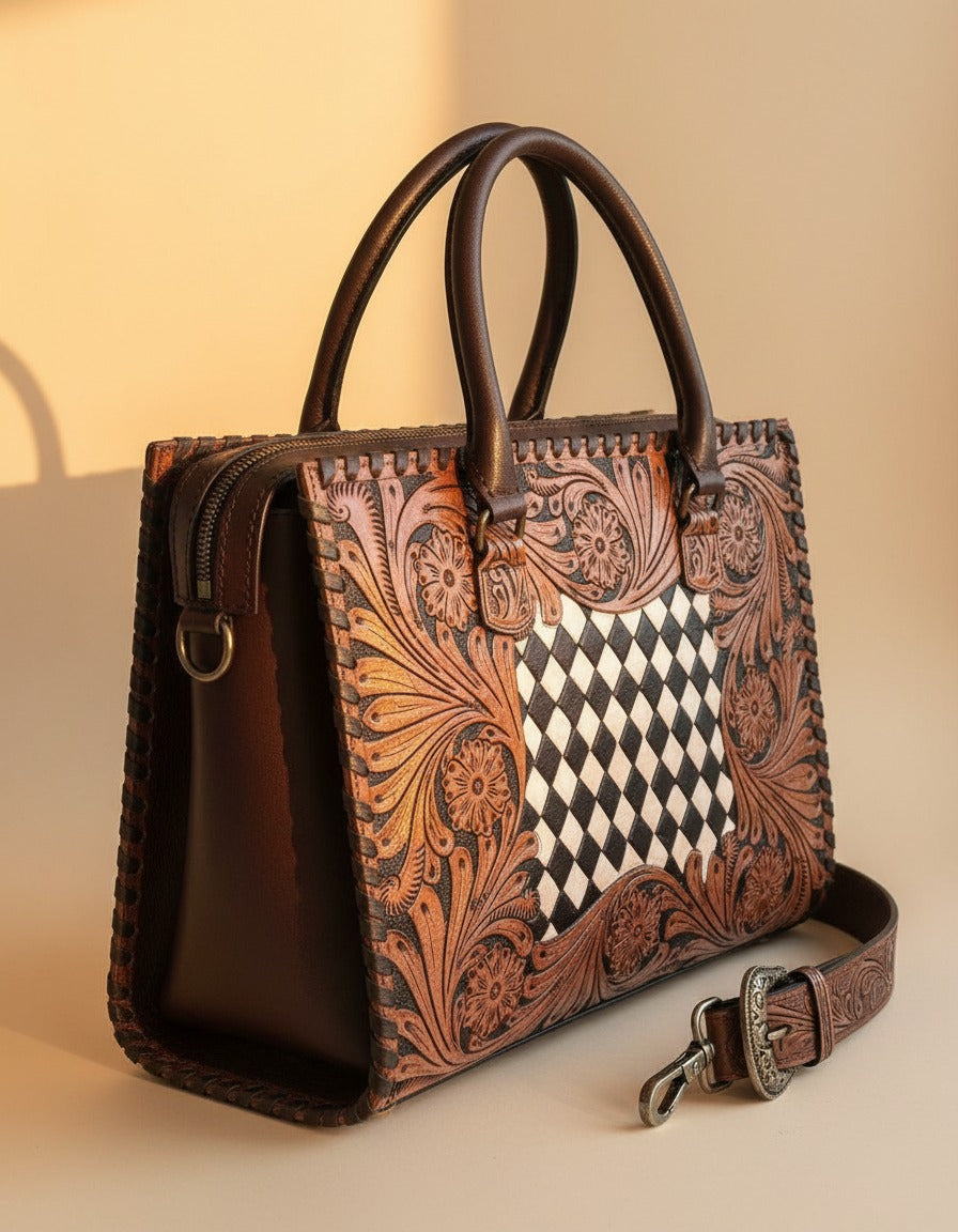 Black and white woven checker hand-tooled leather tote, angled view with strap, by Ya Qalbi