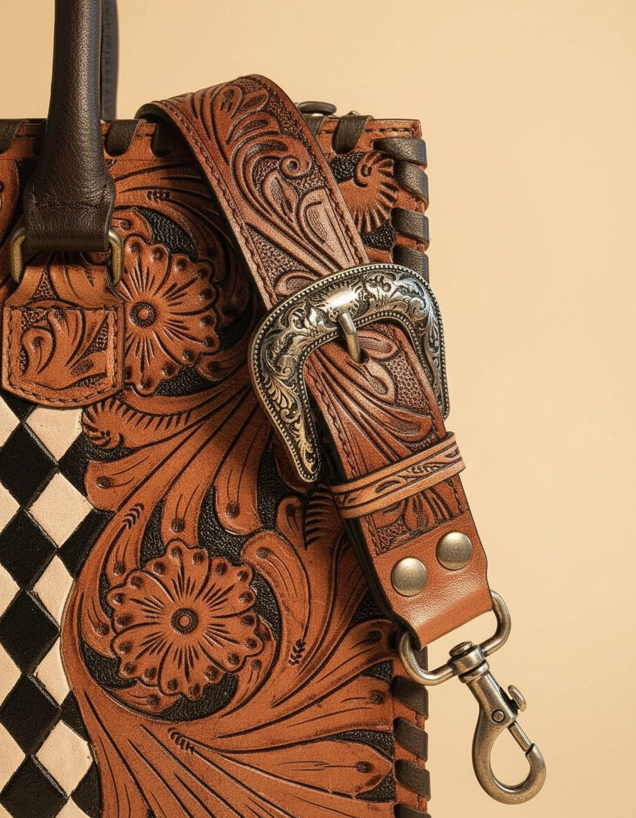 Black and white woven checker hand-tooled leather tote, western buckle strap close-up, by Ya Qalbi