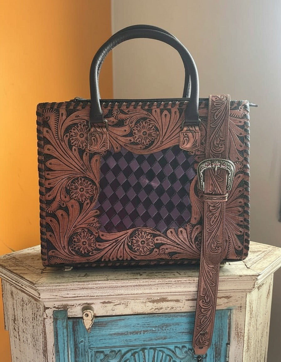 Purple woven checker hand-tooled leather tote, styled on a wooden chest, by Ya Qalbi