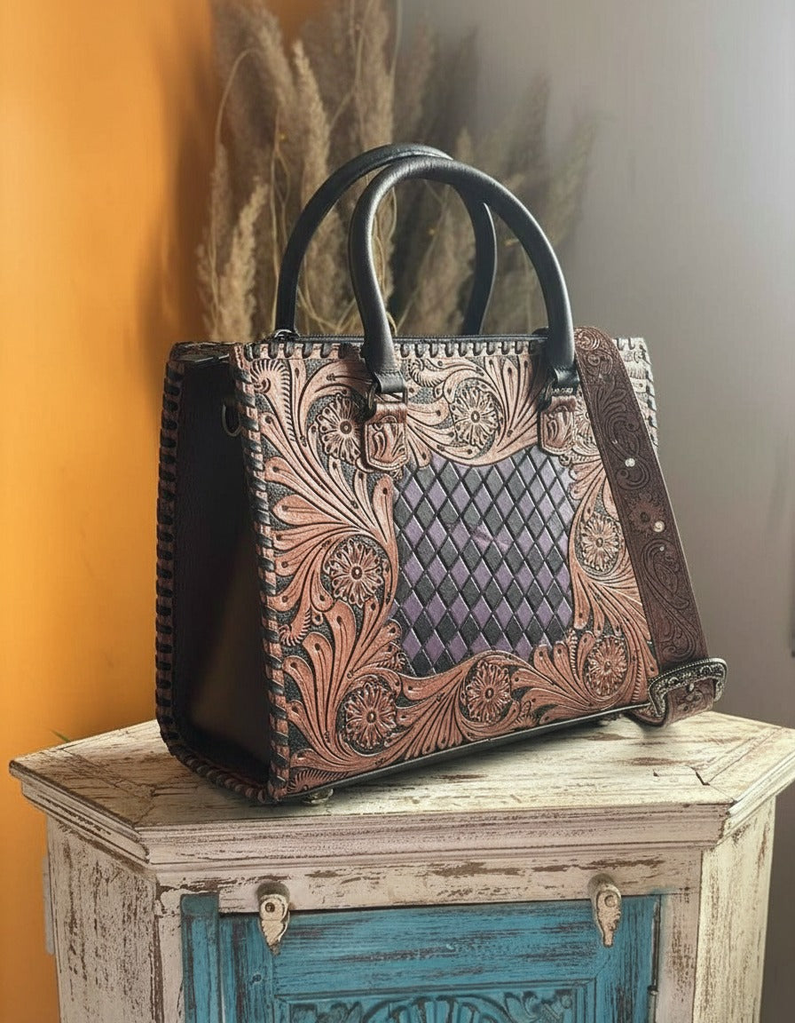 Purple woven checker hand-tooled leather tote, angled view on a wooden chest, by Ya Qalbi