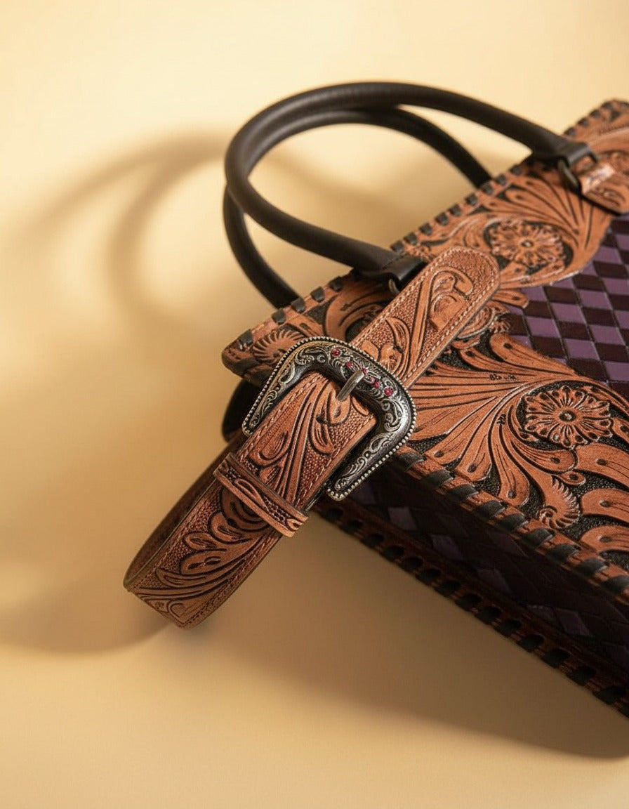 Purple woven checker hand-tooled leather tote, western buckle strap close-up, by Ya Qalbi
