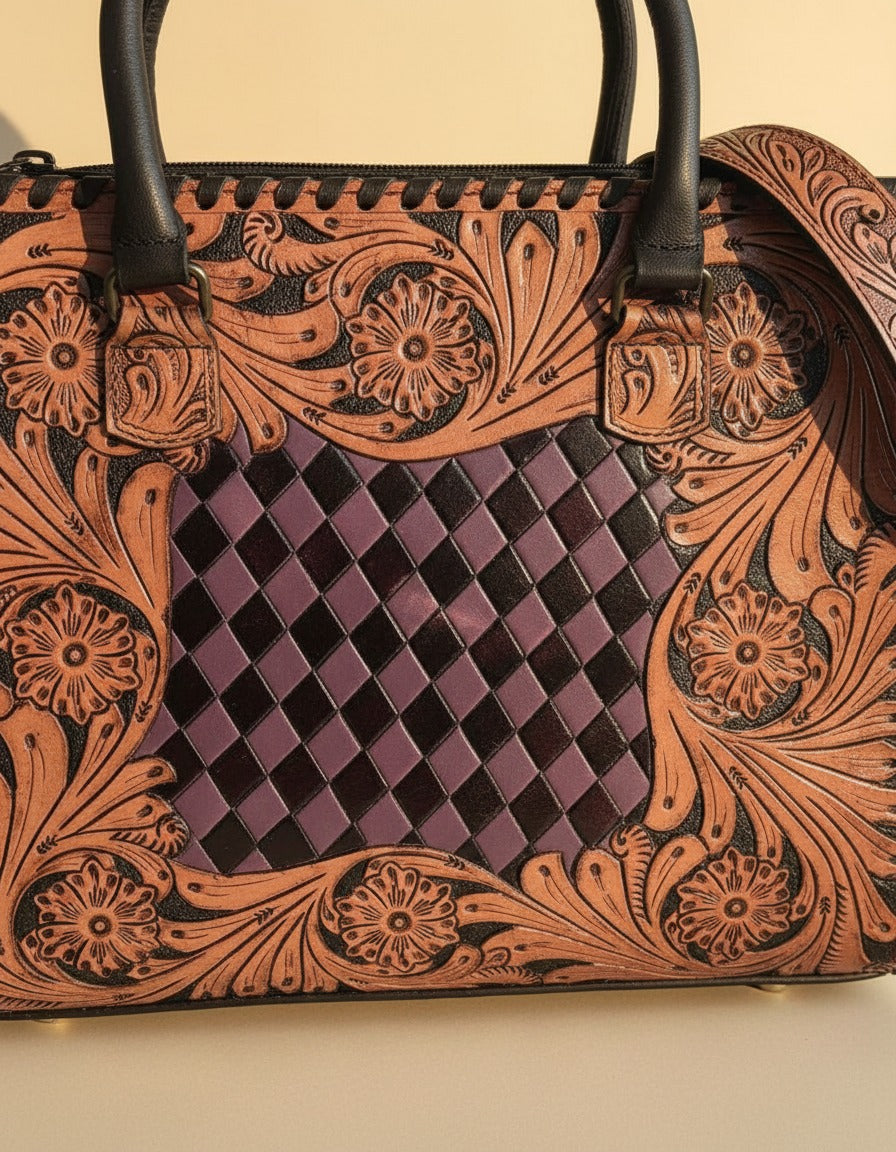 Purple woven checker hand-tooled leather tote, woven checker panel close-up, by Ya Qalbi