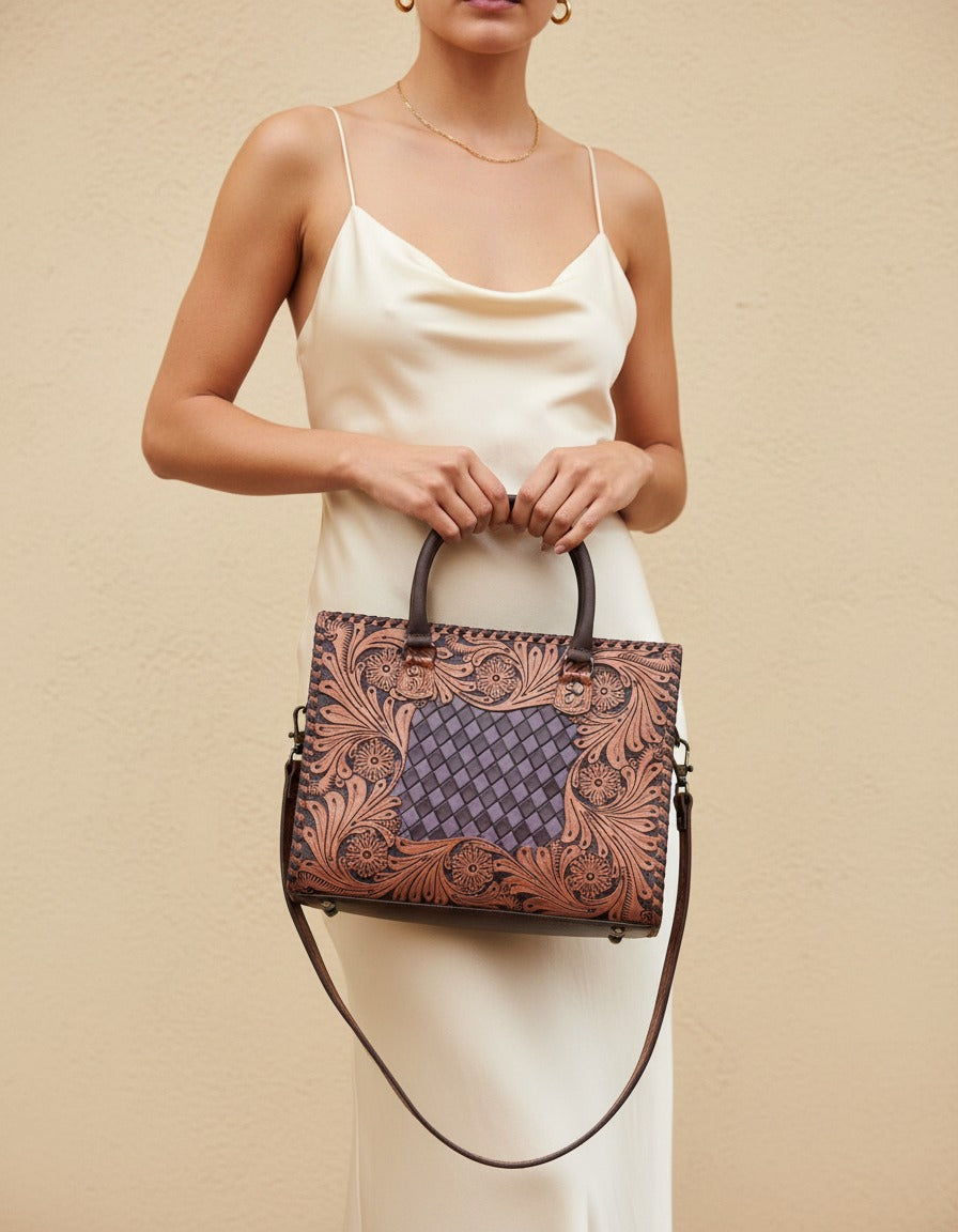 Purple woven checker hand-tooled leather tote, worn by a model, by Ya Qalbi