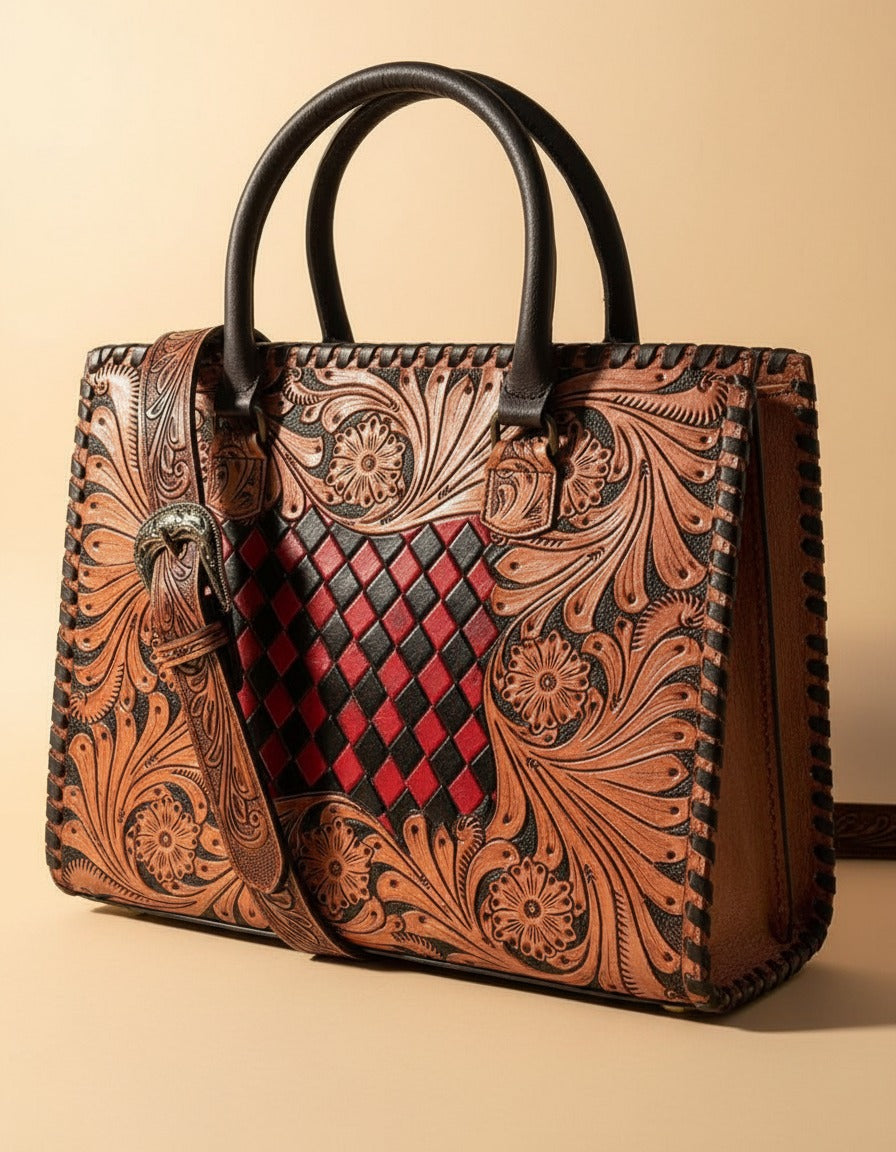 Red woven checker hand-tooled leather tote, angled view with tooled strap, by Ya Qalbi